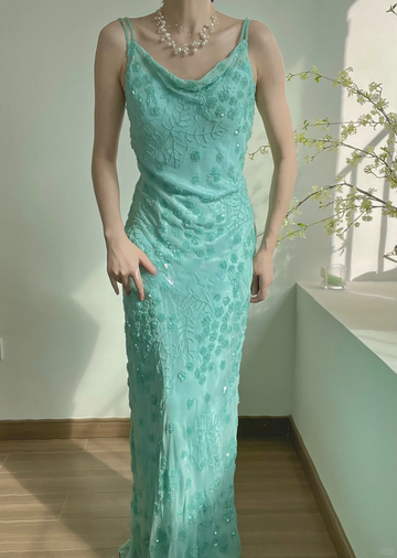 Exquisite Blue Sheath Spaghetti Strap Floral Beaded Chiffon Long Prom Dress Formal Dress HZ1023